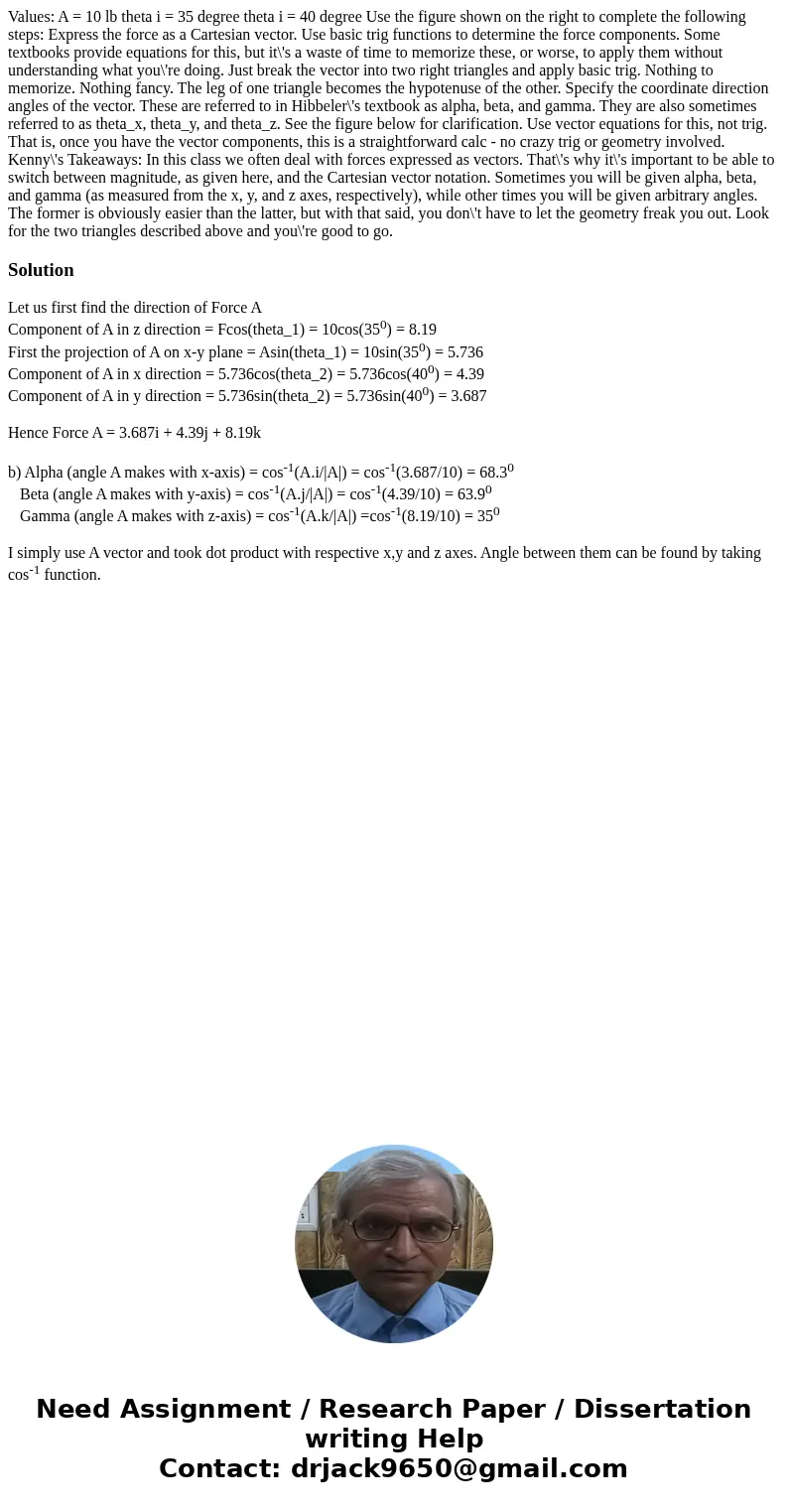 Values: A = 10 lb theta i = 35 degree theta i = 40 degree Use the figure shown on the right to complete the following steps: Express the force as a Cartesian v  Values: A = 10 lb theta i = 35 degree theta i = 40 degree Use the figure shown on the right to complete the following steps: Express the force as a Cartesian v