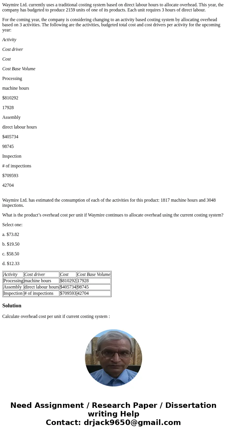 Waymire Ltd. currently uses a traditional costing system based on direct labour hours to allocate overhead. This year, the company has budgeted to produce 2159  Waymire Ltd. currently uses a traditional costing system based on direct labour hours to allocate overhead. This year, the company has budgeted to produce 2159