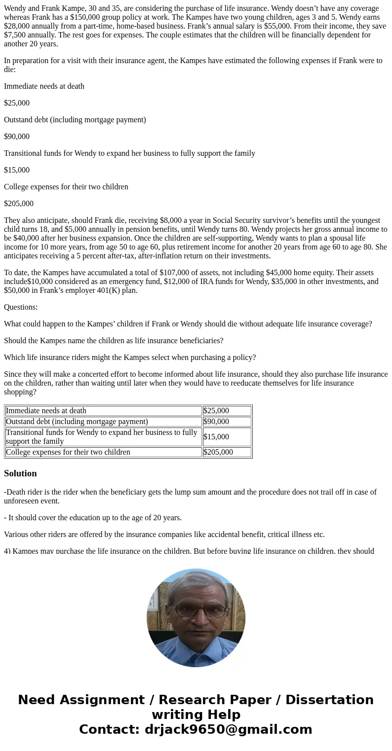 Wendy and Frank Kampe, 30 and 35, are considering the purchase of life insurance. Wendy doesn’t have any coverage whereas Frank has a $150,000 group policy at w Wendy and Frank Kampe, 30 and 35, are considering the purchase of life insurance. Wendy doesn’t have any coverage whereas Frank has a $150,000 group policy at w