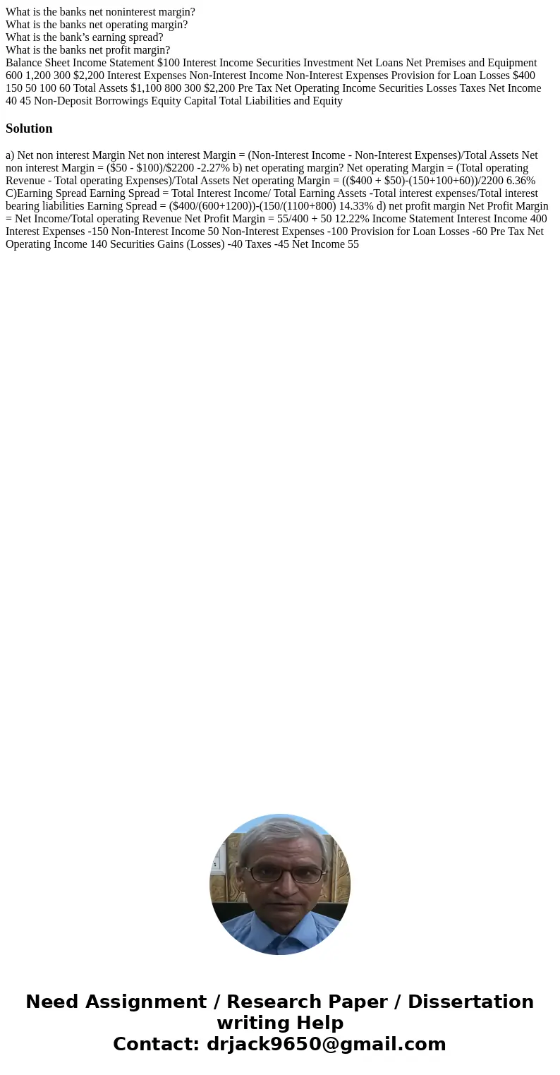 What is the banks net noninterest margin? What is the banks net operating margin? What is the bank’s earning spread? What is the banks net profit margin? Balanc What is the banks net noninterest margin? What is the banks net operating margin? What is the bank’s earning spread? What is the banks net profit margin? Balanc