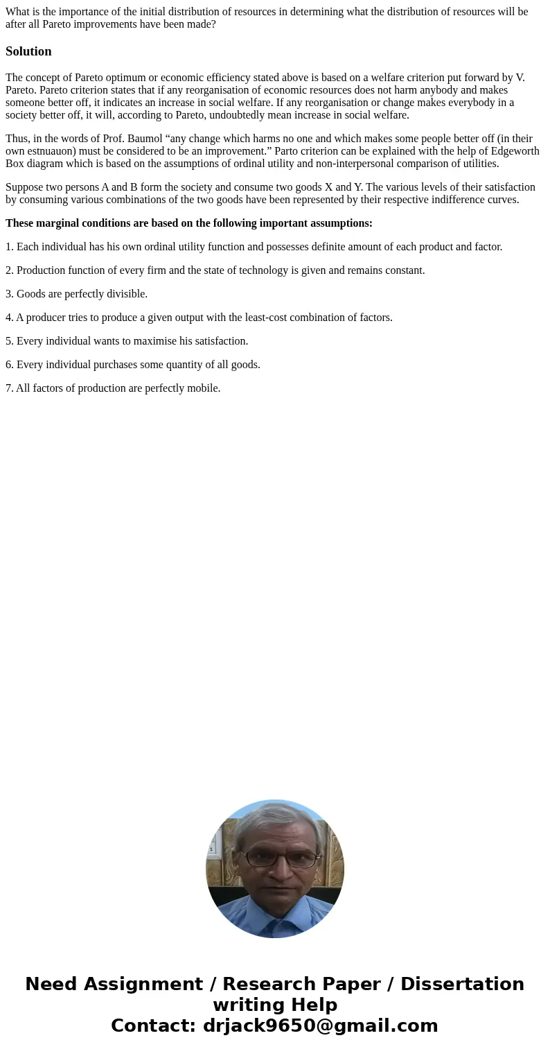 What is the importance of the initial distribution of resources in determining what the distribution of resources will be after all Pareto improvements have bee