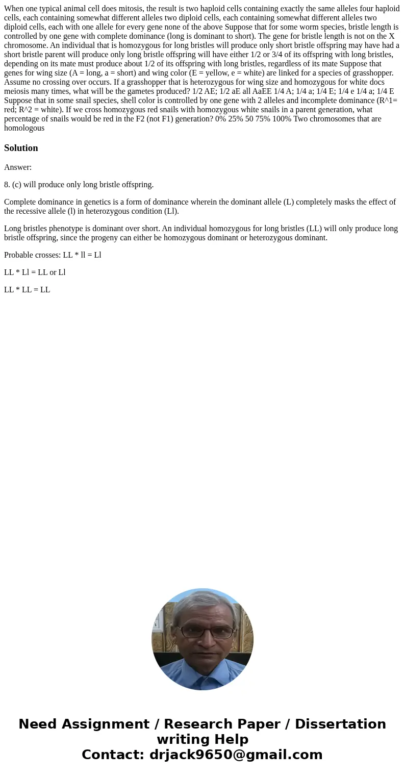 When one typical animal cell does mitosis, the result is two haploid cells containing exactly the same alleles four haploid cells, each containing somewhat dif  When one typical animal cell does mitosis, the result is two haploid cells containing exactly the same alleles four haploid cells, each containing somewhat dif
