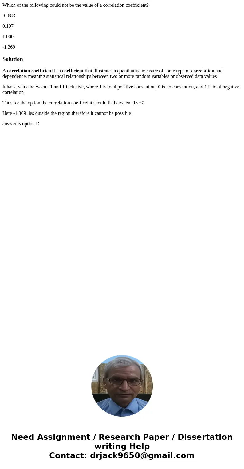 Which of the following could not be the value of a correlation coefficient? -0.683 0.197 1.000 -1.369SolutionA correlation coefficient is a coefficient that ill Which of the following could not be the value of a correlation coefficient? -0.683 0.197 1.000 -1.369SolutionA correlation coefficient is a coefficient that ill