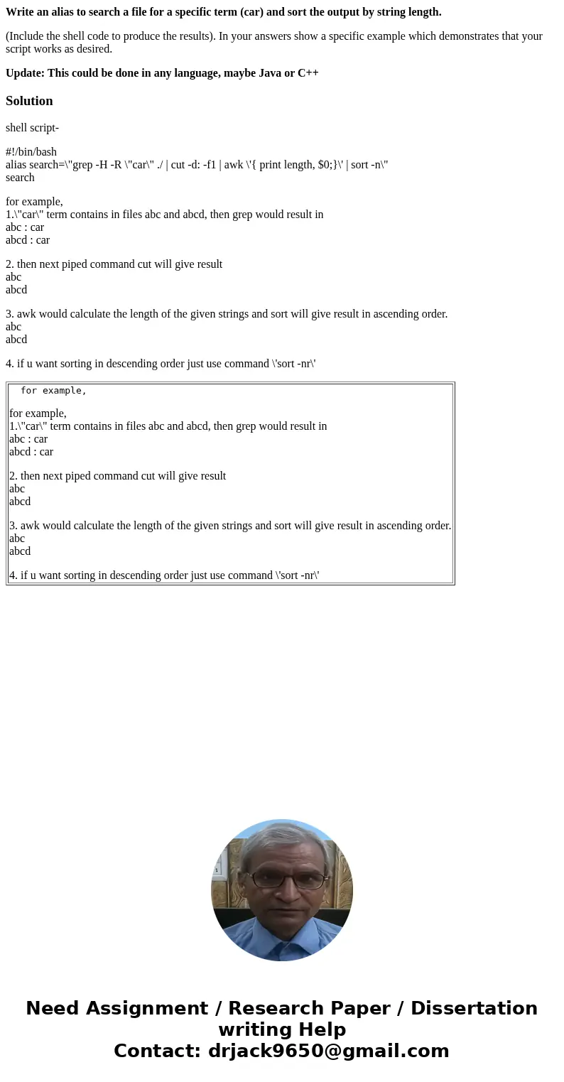 Write an alias to search a file for a specific term (car) and sort the output by string length. (Include the shell code to produce the results). In your answers
