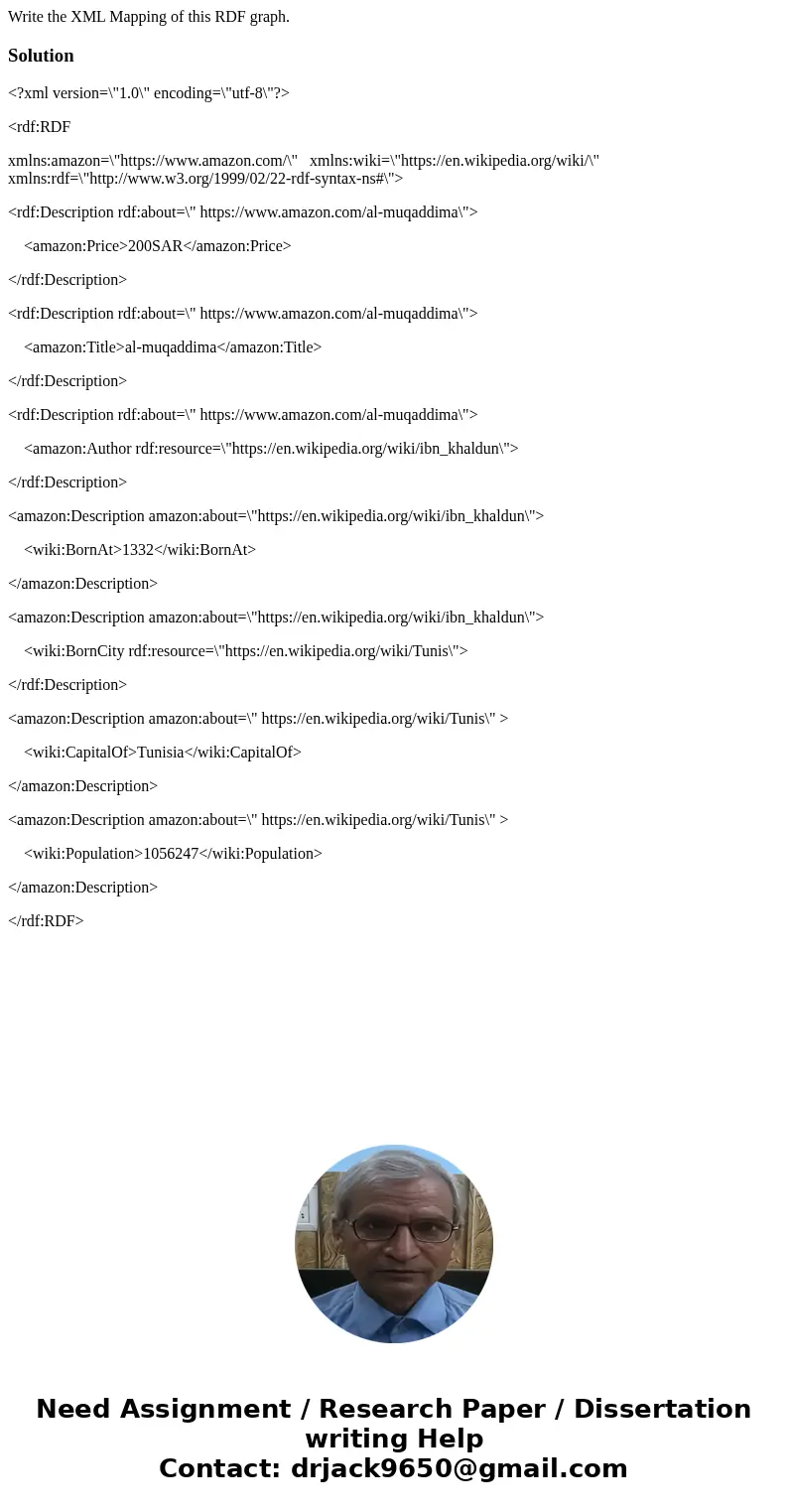 Write the XML Mapping of this RDF graph. Solution<?xml version=\  Write the XML Mapping of this RDF graph. Solution<?xml version=\