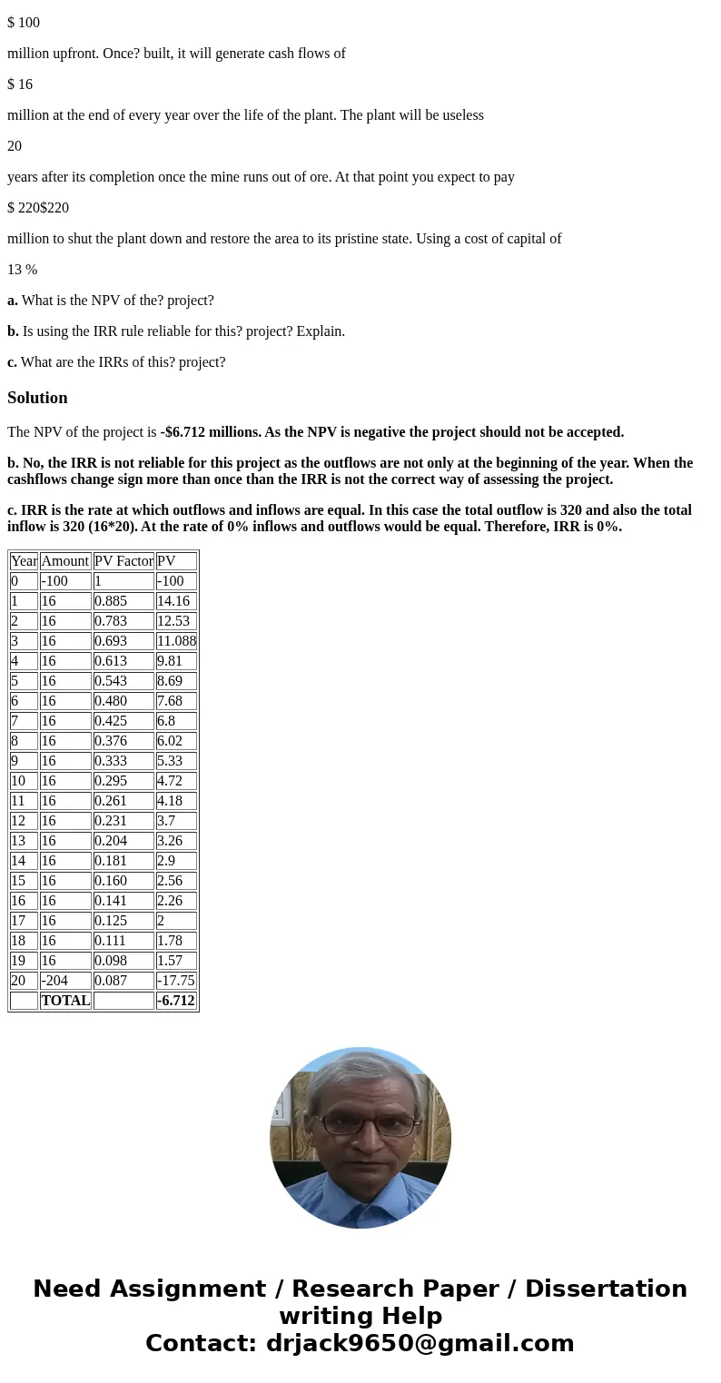 You are considering constructing a new plant in a remote wilderness area to process the ore from a planned mining operation. You anticipate that the plant will 