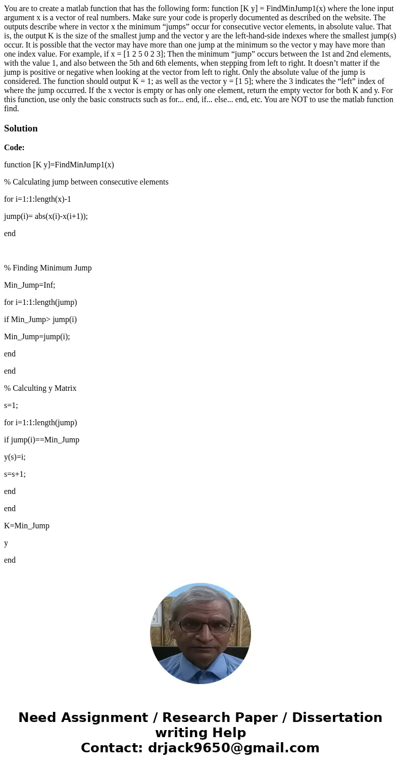 You are to create a matlab function that has the following form: function [K y] = FindMinJump1(x) where the lone input argument x is a vector of real numbers. M