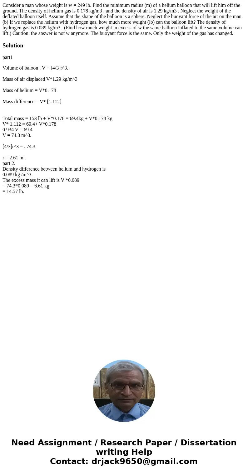 Consider a man whose weight is w = 249 lb. Find the minimum radius (m) of a helium balloon that will lift him off the ground. The density of helium gas is 0.178