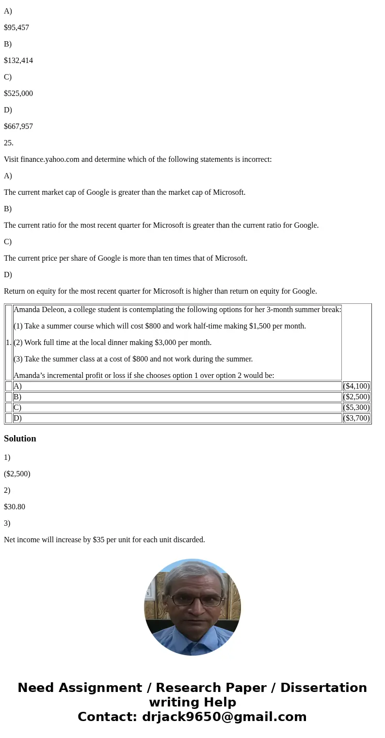 1. Amanda Deleon, a college student is contemplating the following options for her 3-month summer break: (1) Take a summer course which will cost $800 and work 