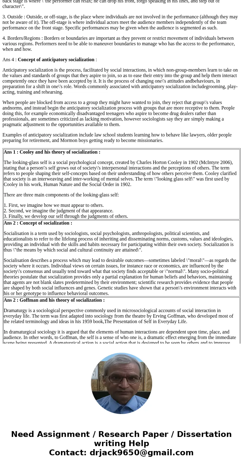 1- Discuss Cooley and his theory of socialization ? 2-Define the concept of socialization in detail? 3- Discuss Goffman and his theory of socialization. Discuss