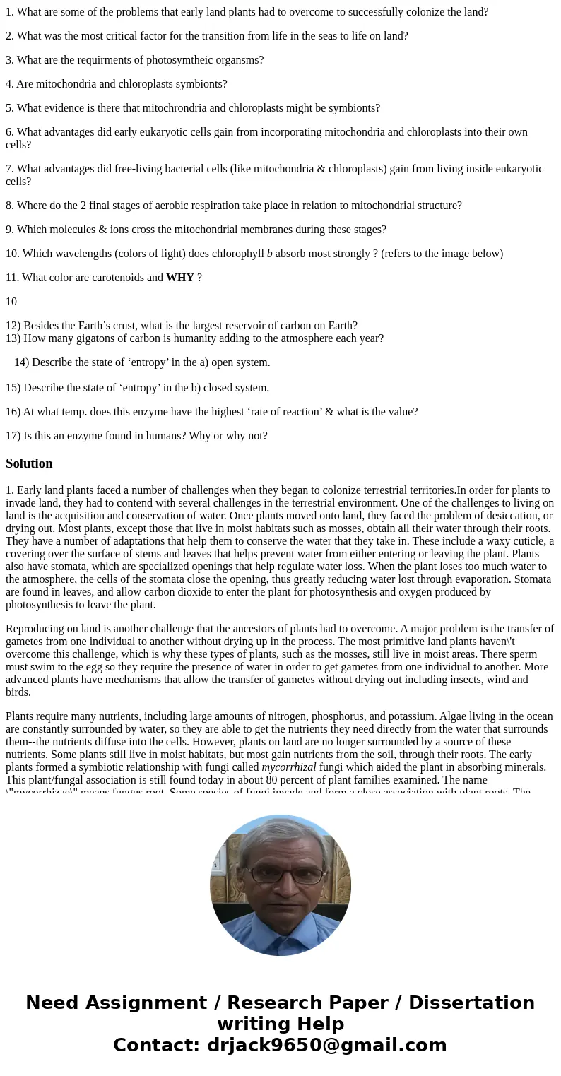 1. What are some of the problems that early land plants had to overcome to successfully colonize the land? 2. What was the most critical factor for the transiti