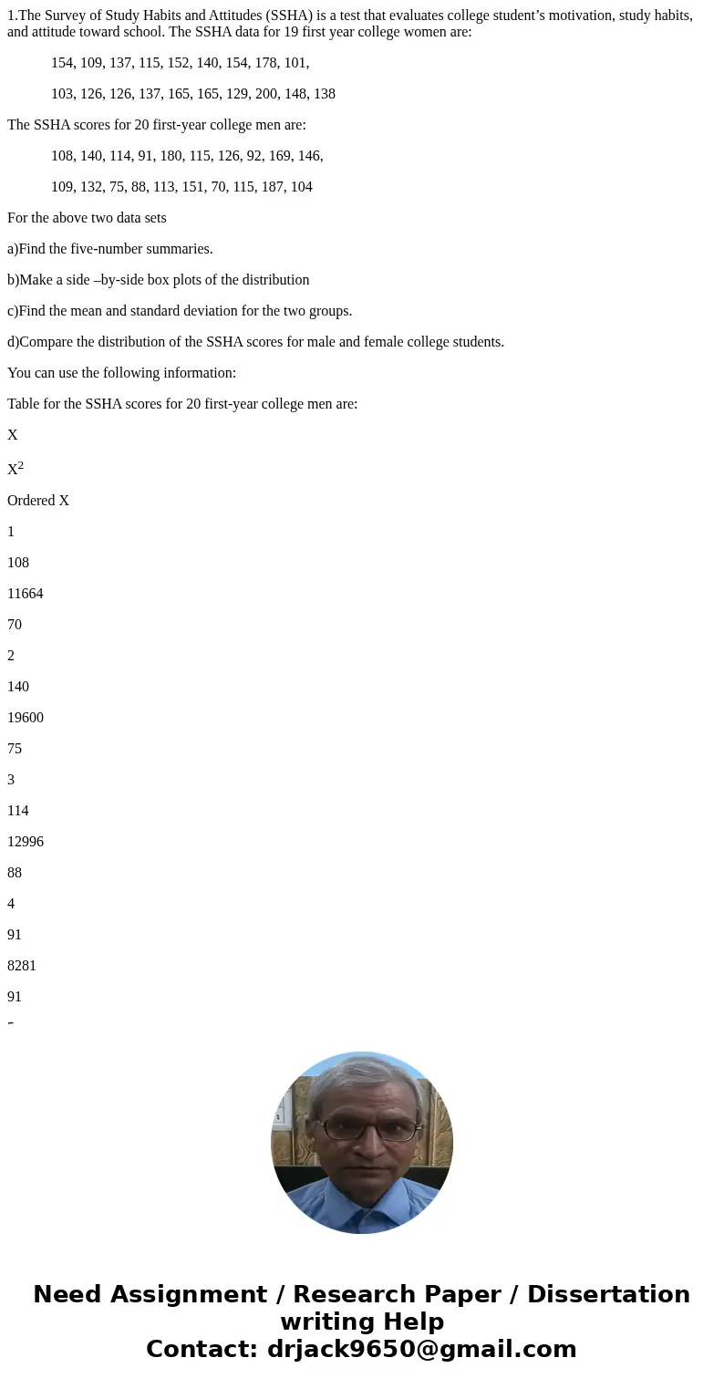 1.The Survey of Study Habits and Attitudes (SSHA) is a test that evaluates college student’s motivation, study habits, and attitude toward school. The SSHA data