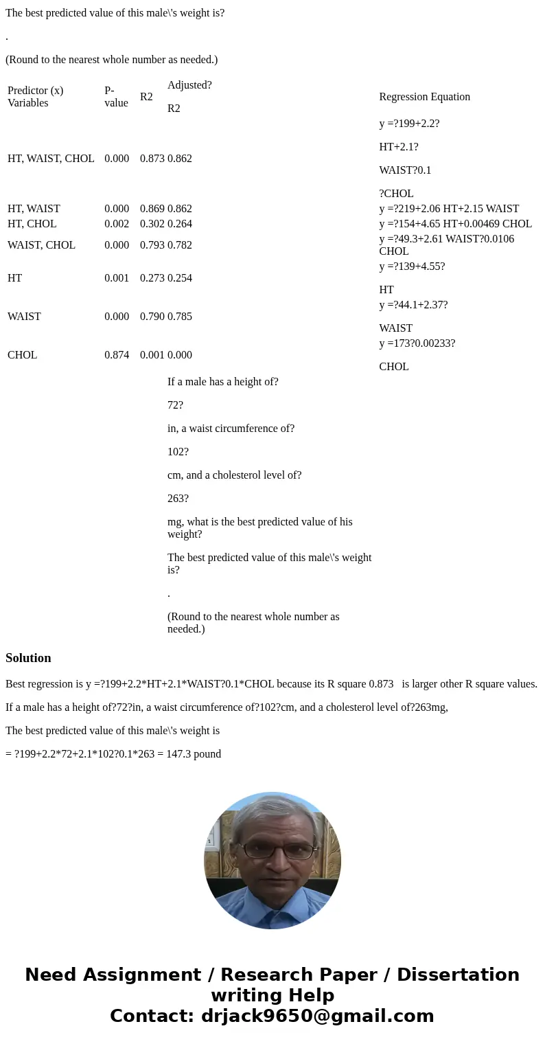 -----33----- The table below was obtained by using data for 40 males. The response (y) variable is weight (in pounds), and the predictor (x) variables are HT (h -----33----- The table below was obtained by using data for 40 males. The response (y) variable is weight (in pounds), and the predictor (x) variables are HT (h