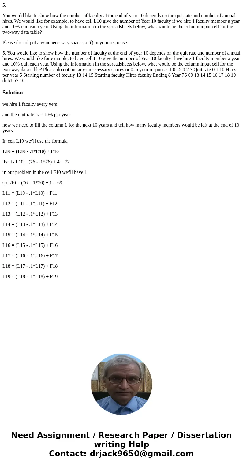 5. You would like to show how the number of faculty at the end of year 10 depends on the quit rate and number of annual hires. We would like for example, to hav 5. You would like to show how the number of faculty at the end of year 10 depends on the quit rate and number of annual hires. We would like for example, to hav