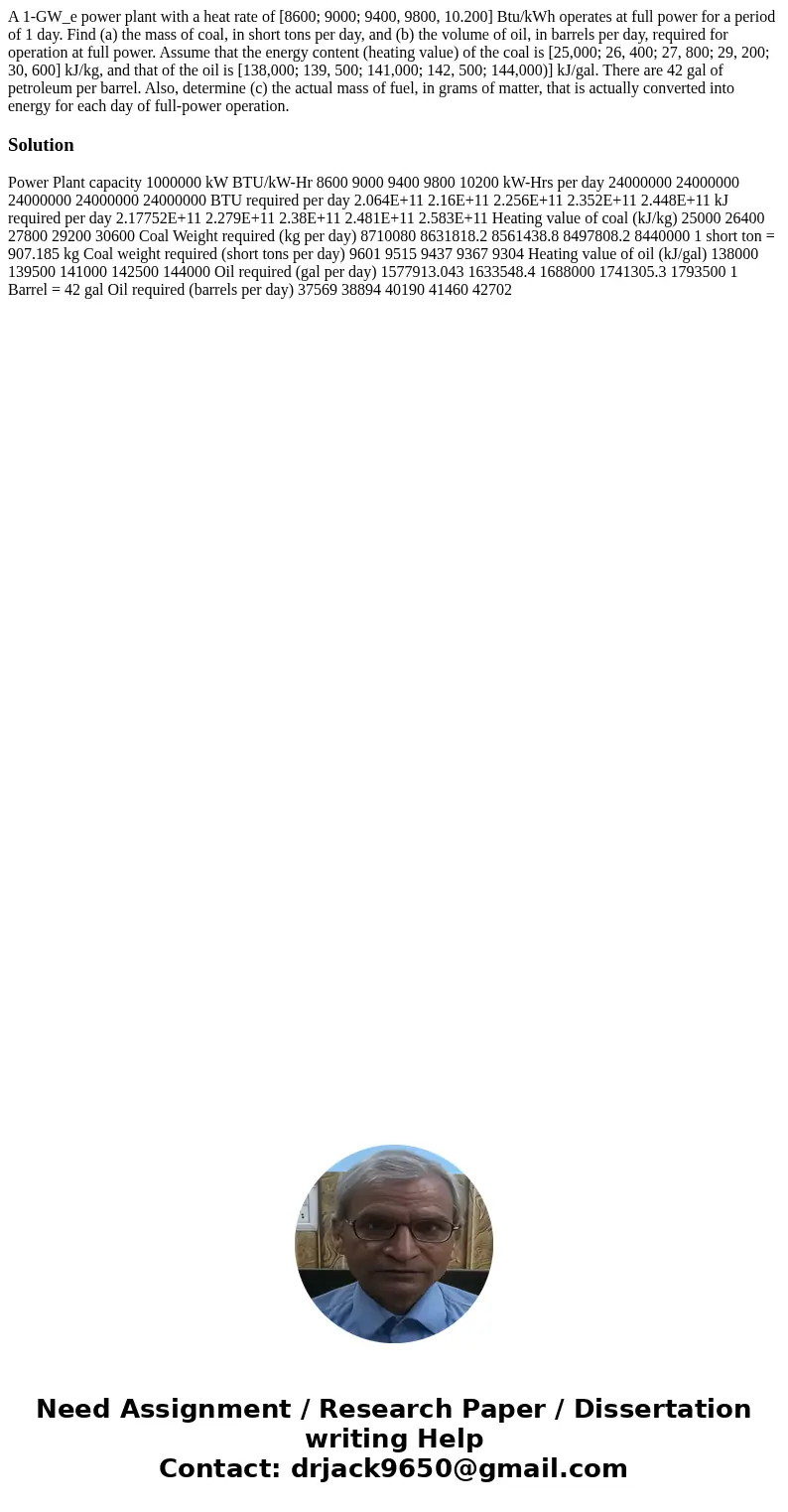  A 1-GW_e power plant with a heat rate of [8600; 9000; 9400, 9800, 10.200] Btu/kWh operates at full power for a period of 1 day. Find (a) the mass of coal, in s