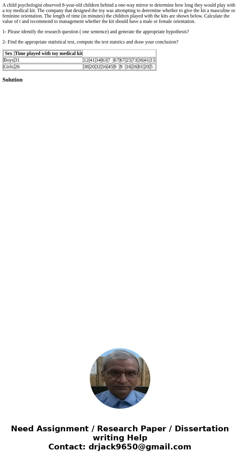 A child psychologist observed 8-year-old children behind a one-way mirror to determine how long they would play with a toy medical kit. The company that designe
