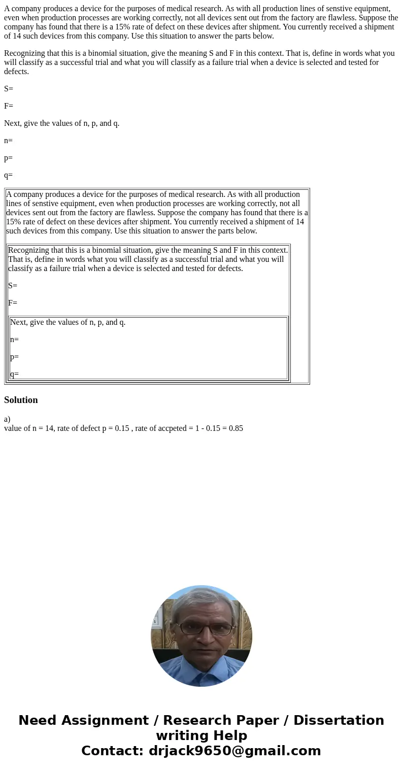 A company produces a device for the purposes of medical research. As with all production lines of senstive equipment, even when production processes are working