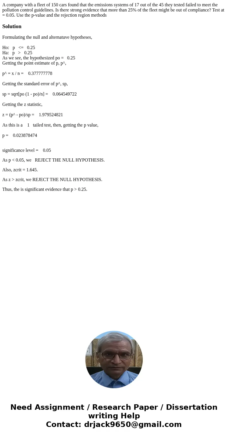 A company with a fleet of 150 cars found that the emissions systems of 17 out of the 45 they tested failed to meet the pollution control guidelines. Is there st A company with a fleet of 150 cars found that the emissions systems of 17 out of the 45 they tested failed to meet the pollution control guidelines. Is there st