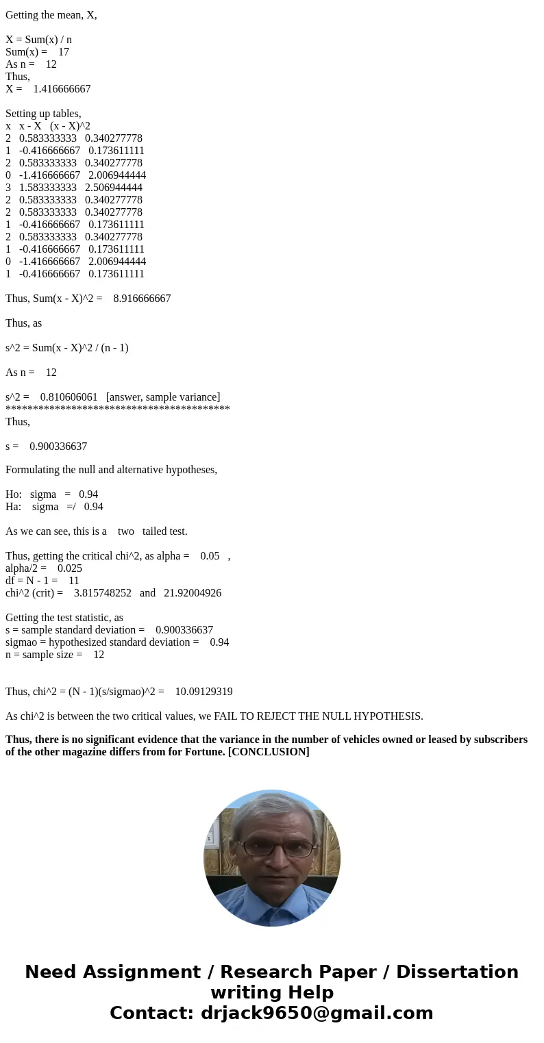 A Fortune study found that the variance in the number of vehicles owned or leased by subscribers to Fortune magazine is 0 .94. Assume a sample of 12 subscribers A Fortune study found that the variance in the number of vehicles owned or leased by subscribers to Fortune magazine is 0 .94. Assume a sample of 12 subscribers