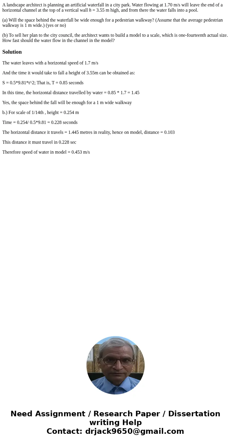 A landscape architect is planning an artificial waterfall in a city park. Water flowing at 1.70 m/s will leave the end of a horizontal channel at the top of a v