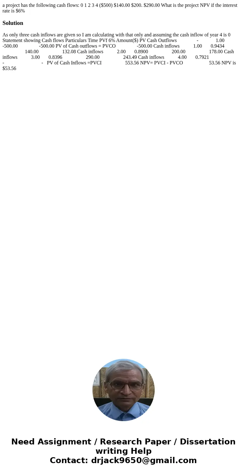 a project has the following cash flows: 0 1 2 3 4 ($500) $140.00 $200. $290.00 What is the project NPV if the interest rate is $6%Solution As only three cash in a project has the following cash flows: 0 1 2 3 4 ($500) $140.00 $200. $290.00 What is the project NPV if the interest rate is $6%Solution As only three cash in