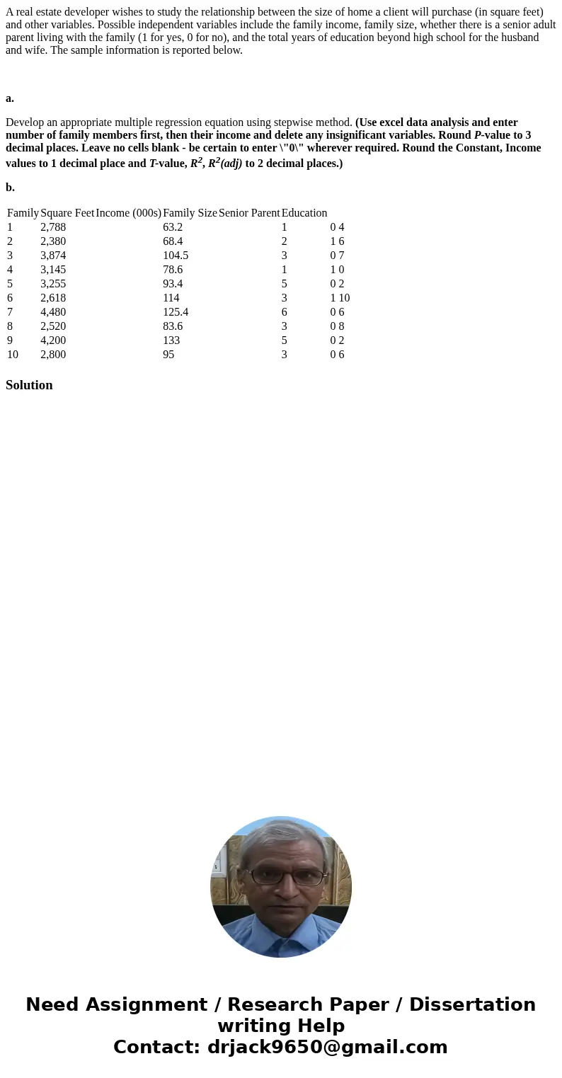 A real estate developer wishes to study the relationship between the size of home a client will purchase (in square feet) and other variables. Possible independ