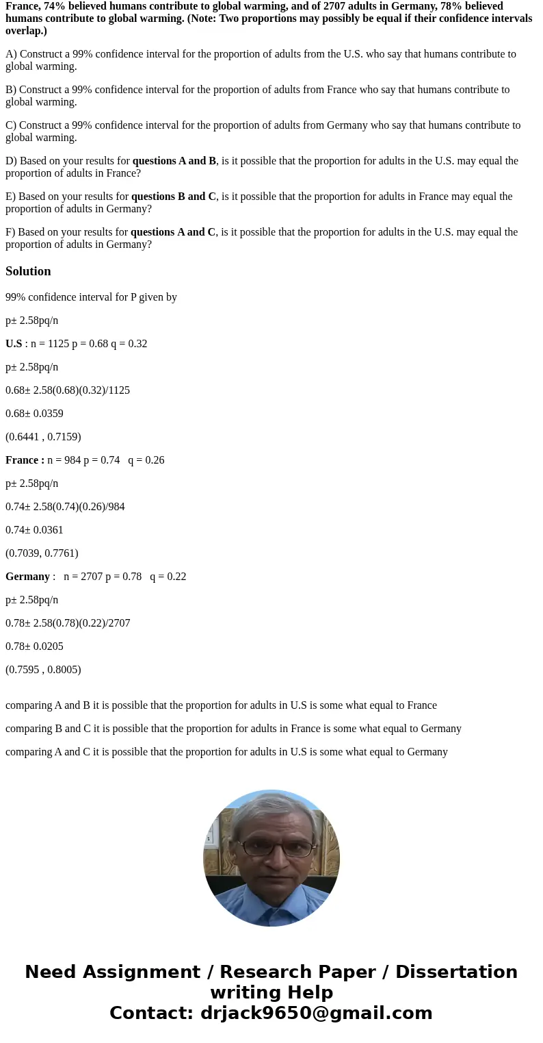 A survey was conducted to determine if adults in the U.S., France, and Germany believed humans contribute to global warming. Of 1125 adults in the U.S., 68% bel A survey was conducted to determine if adults in the U.S., France, and Germany believed humans contribute to global warming. Of 1125 adults in the U.S., 68% bel
