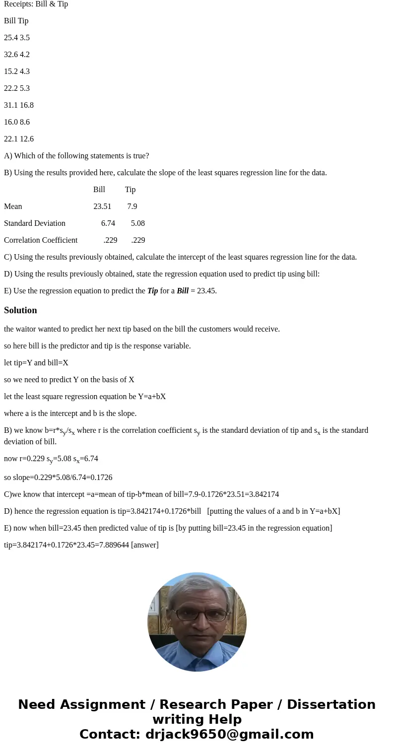 A waiter at a restaurant wanted to predict her next tip based on the bill the customers would receive. Receipts: Bill & Tip Bill Tip 25.4 3.5 32.6 4.2 15.2  A waiter at a restaurant wanted to predict her next tip based on the bill the customers would receive. Receipts: Bill & Tip Bill Tip 25.4 3.5 32.6 4.2 15.2