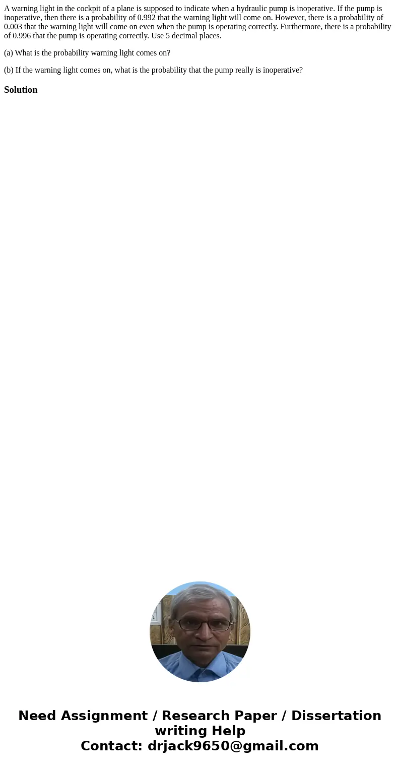A warning light in the cockpit of a plane is supposed to indicate when a hydraulic pump is inoperative. If the pump is inoperative, then there is a probability A warning light in the cockpit of a plane is supposed to indicate when a hydraulic pump is inoperative. If the pump is inoperative, then there is a probability