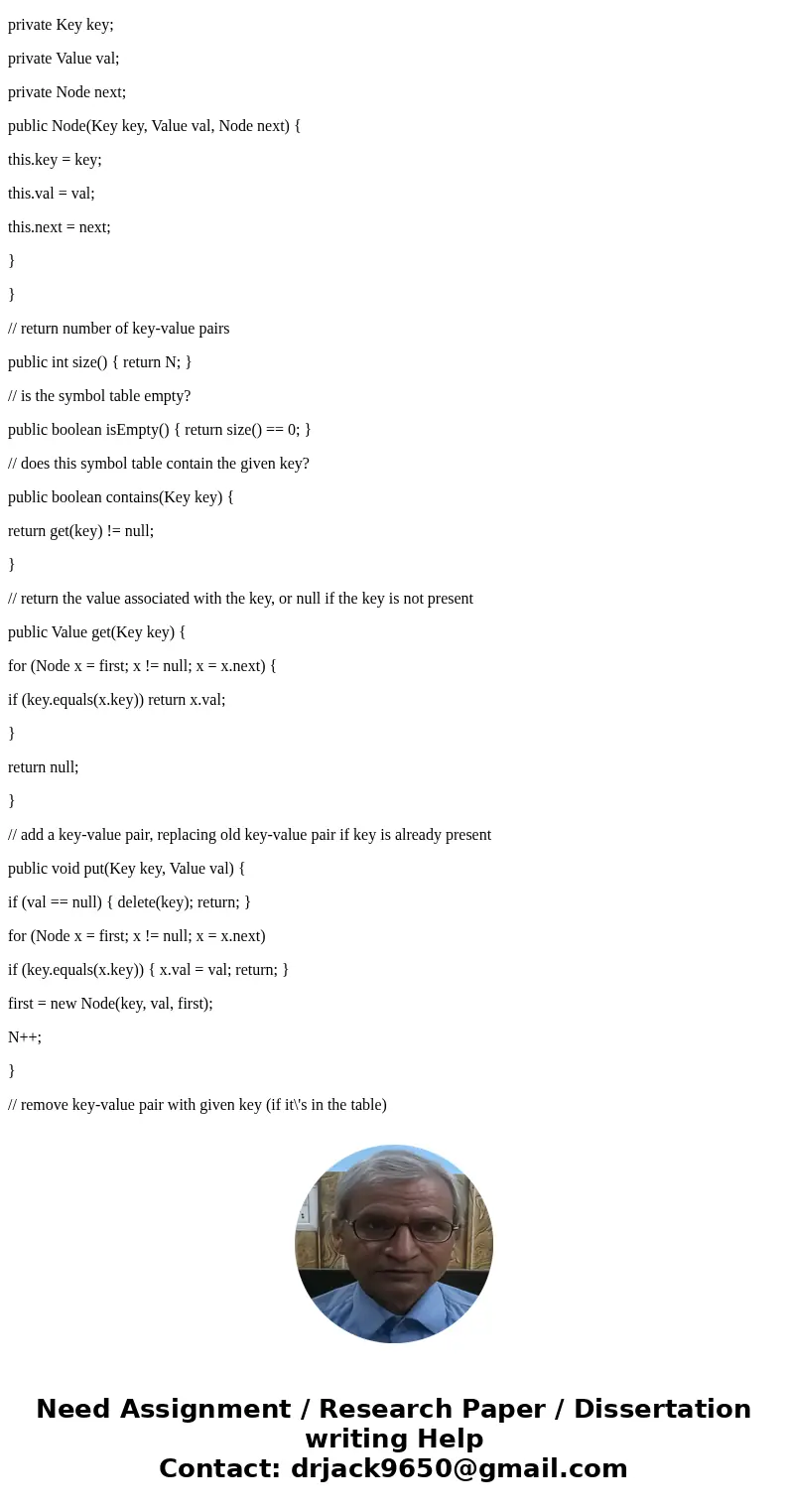 Algorithms: Symbol Tables Implement size(), delete(), and keys() for SequentialSearchST.Solution /************************************************************** Algorithms: Symbol Tables Implement size(), delete(), and keys() for SequentialSearchST.Solution /**************************************************************