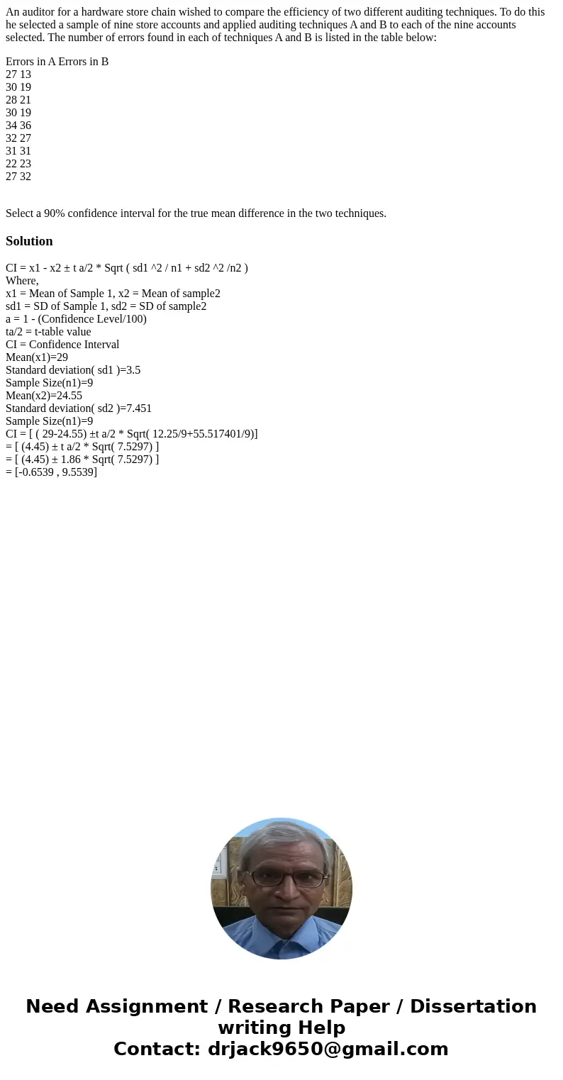 An auditor for a hardware store chain wished to compare the efficiency of two different auditing techniques. To do this he selected a sample of nine store accou An auditor for a hardware store chain wished to compare the efficiency of two different auditing techniques. To do this he selected a sample of nine store accou