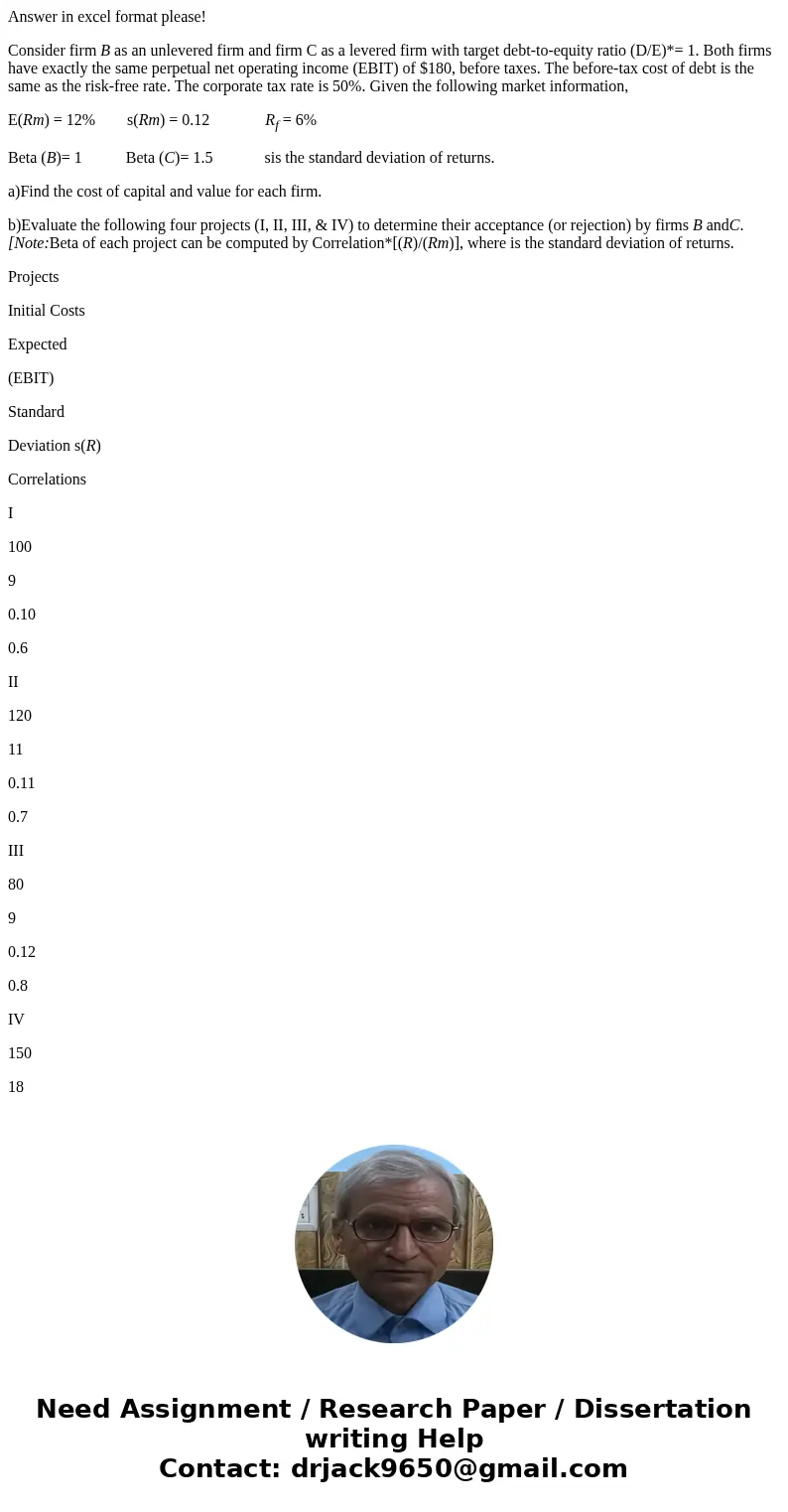Answer in excel format please! Consider firm B as an unlevered firm and firm C as a levered firm with target debt-to-equity ratio (D/E)*= 1. Both firms have exa Answer in excel format please! Consider firm B as an unlevered firm and firm C as a levered firm with target debt-to-equity ratio (D/E)*= 1. Both firms have exa