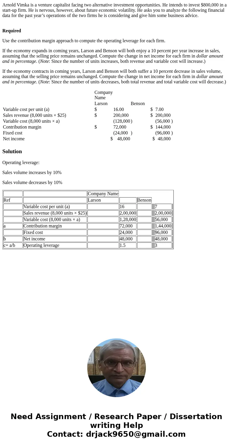 Arnold Vimka is a venture capitalist facing two alternative investment opportunities. He intends to invest $800,000 in a start-up firm. He is nervous, however, 
