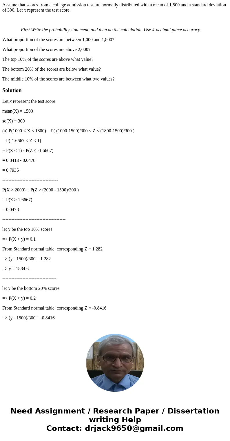 Assume that scores from a college admission test are normally distributed with a mean of 1,500 and a standard deviation of 300. Let x represent the test score.  Assume that scores from a college admission test are normally distributed with a mean of 1,500 and a standard deviation of 300. Let x represent the test score.