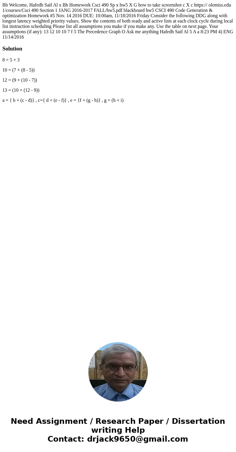  Bb Welcome, Hafedh Saif Al x Bb Homework Csci 490 Sp x hw5 X G how to take screenshot c X c https:// olemiss.edu 1/courses/Csci 490 Section 1 JANG 2016-2017 FA