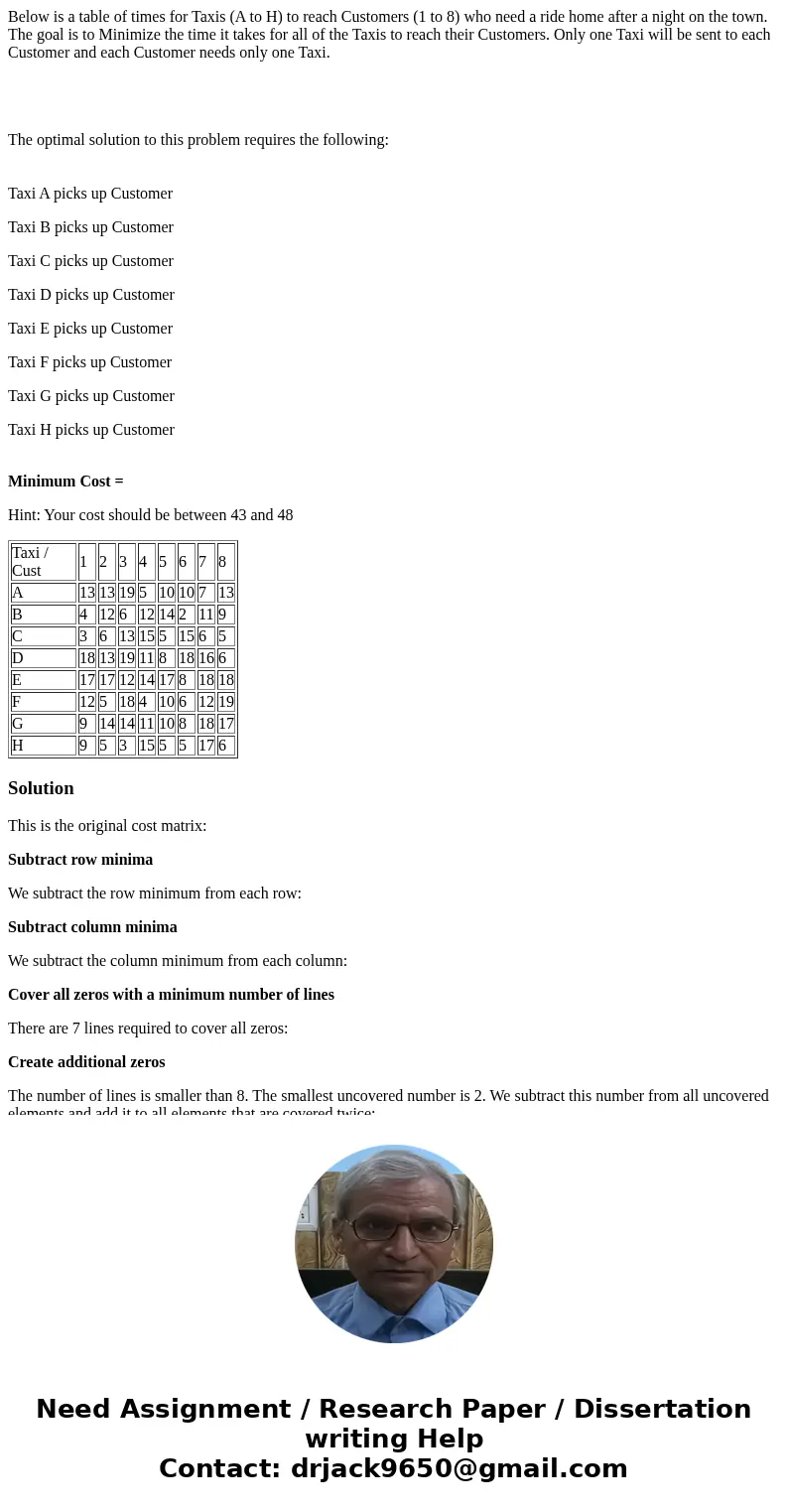 Below is a table of times for Taxis (A to H) to reach Customers (1 to 8) who need a ride home after a night on the town. The goal is to Minimize the time it tak Below is a table of times for Taxis (A to H) to reach Customers (1 to 8) who need a ride home after a night on the town. The goal is to Minimize the time it tak
