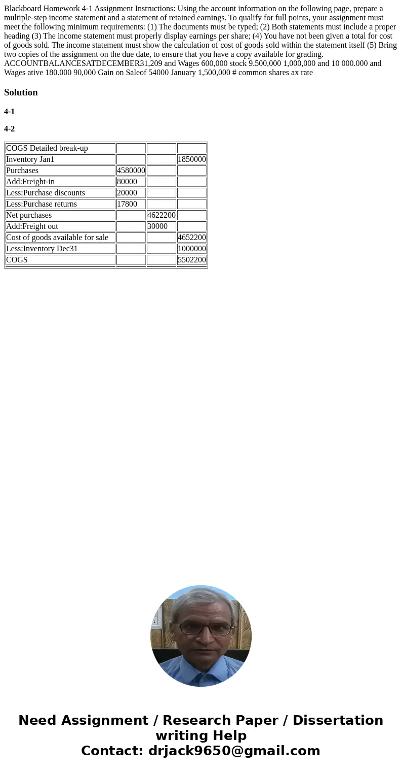 Blackboard Homework 4-1 Assignment Instructions: Using the account information on the following page, prepare a multiple-step income statement and a statement   Blackboard Homework 4-1 Assignment Instructions: Using the account information on the following page, prepare a multiple-step income statement and a statement