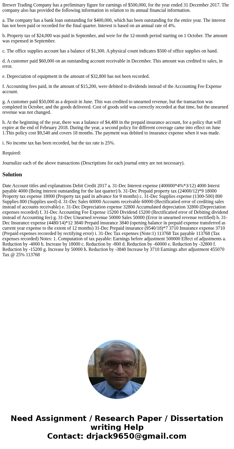 Brewer Trading Company has a preliminary figure for earnings of $500,000, for the year ended 31 December 2017. The company also has provided the following infor Brewer Trading Company has a preliminary figure for earnings of $500,000, for the year ended 31 December 2017. The company also has provided the following infor
