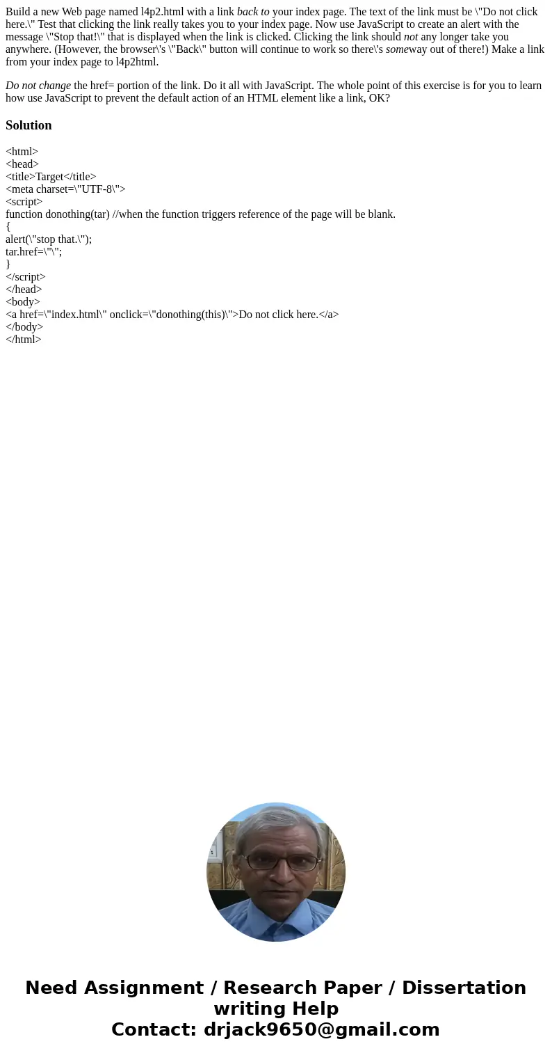 Build a new Web page named l4p2.html with a link back to your index page. The text of the link must be \ Build a new Web page named l4p2.html with a link back to your index page. The text of the link must be \