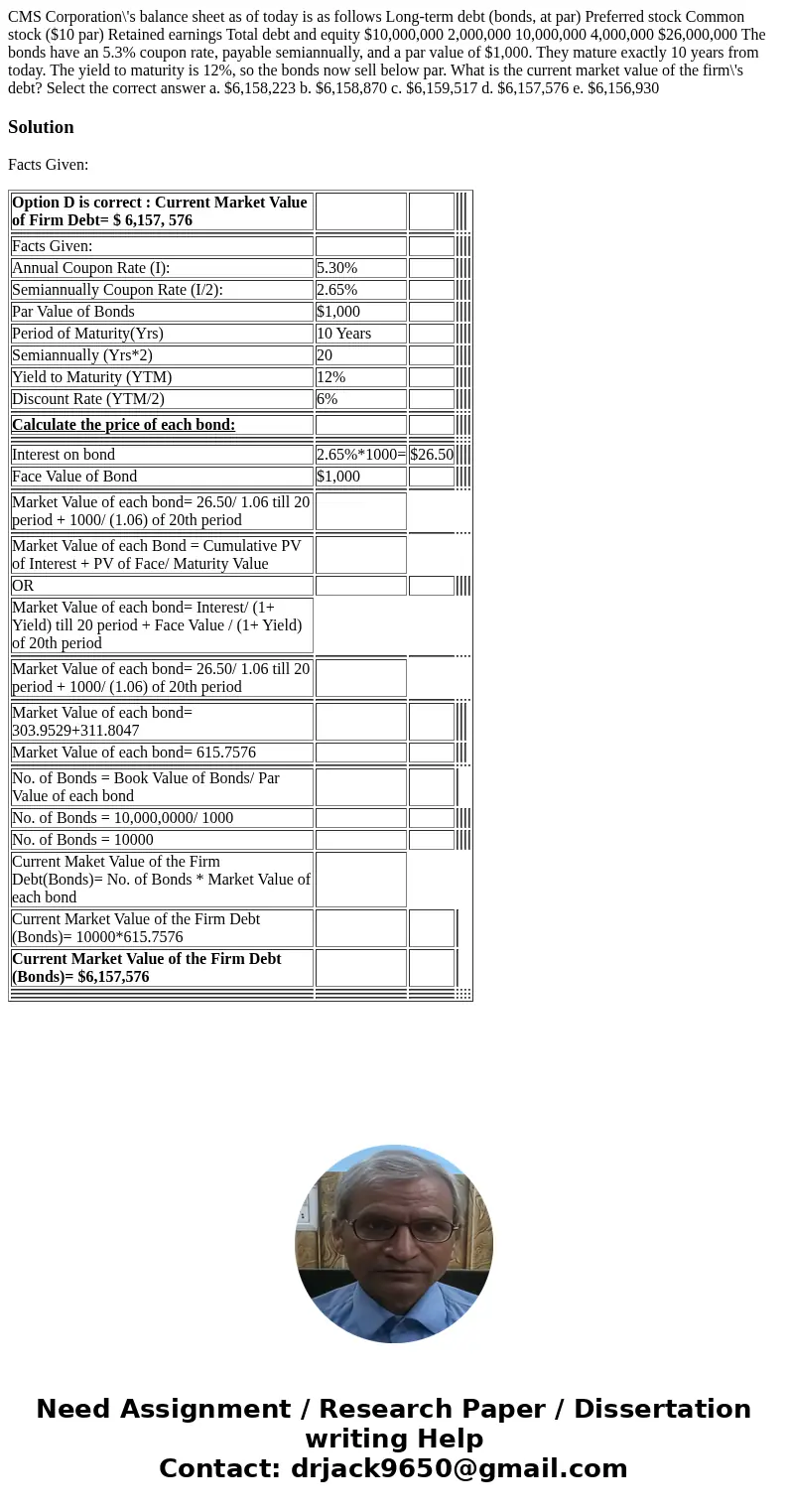  CMS Corporation\'s balance sheet as of today is as follows Long-term debt (bonds, at par) Preferred stock Common stock ($10 par) Retained earnings Total debt a