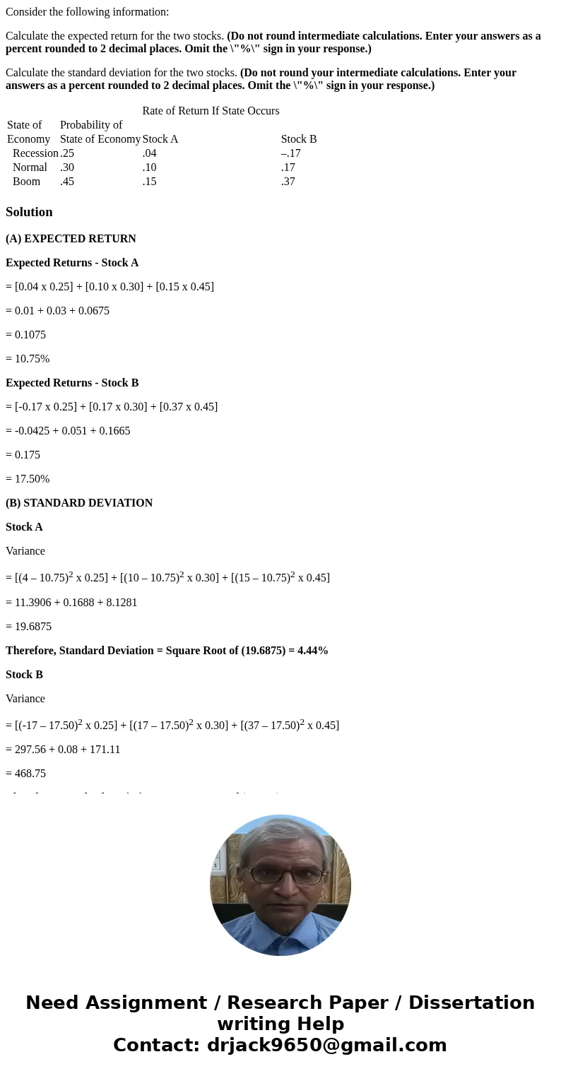Consider the following information: Calculate the expected return for the two stocks. (Do not round intermediate calculations. Enter your answers as a percent r