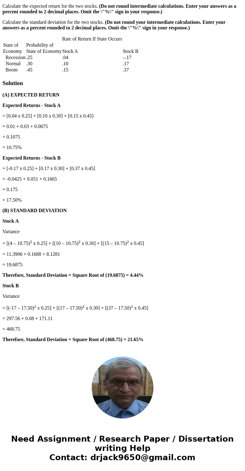 Consider the following information: Calculate the expected return for the two stocks. (Do not round intermediate calculations. Enter your answers as a percent r