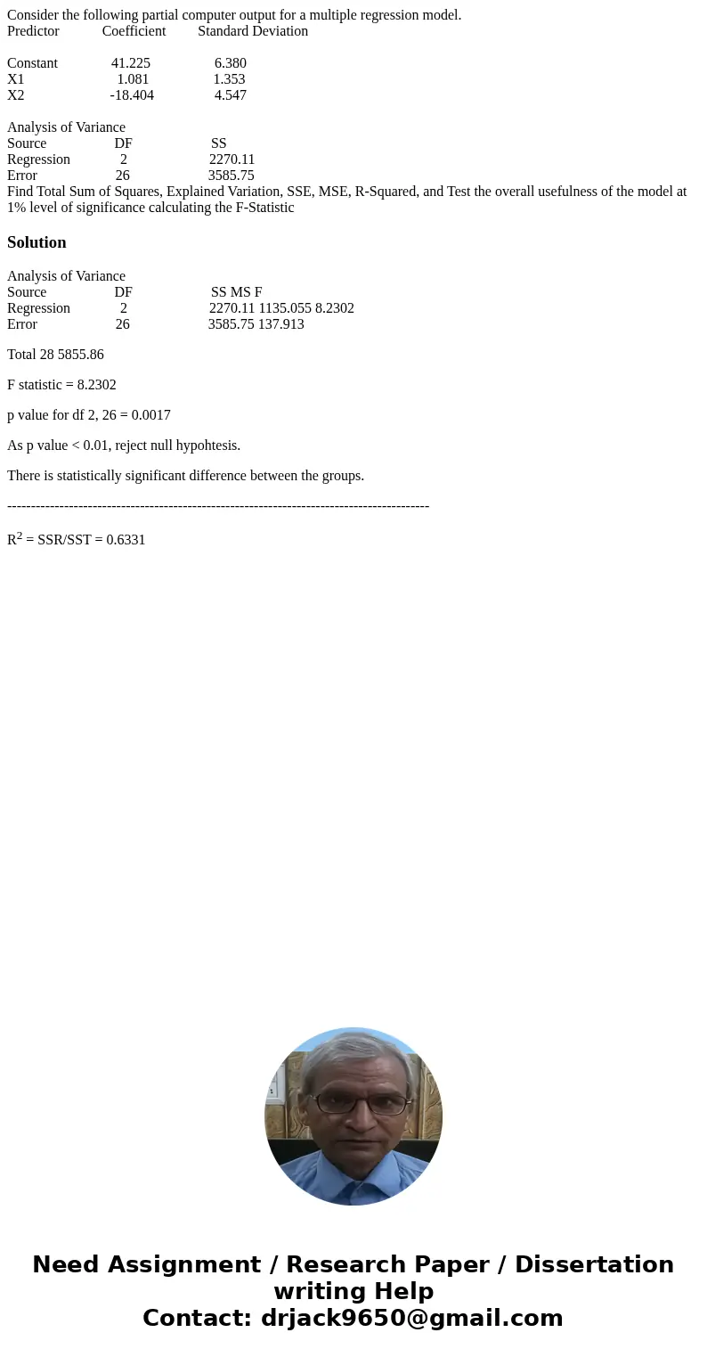 Consider the following partial computer output for a multiple regression model. Predictor Coefficient Standard Deviation Constant 41.225 6.380 X1 1.081 1.353 X2 Consider the following partial computer output for a multiple regression model. Predictor Coefficient Standard Deviation Constant 41.225 6.380 X1 1.081 1.353 X2
