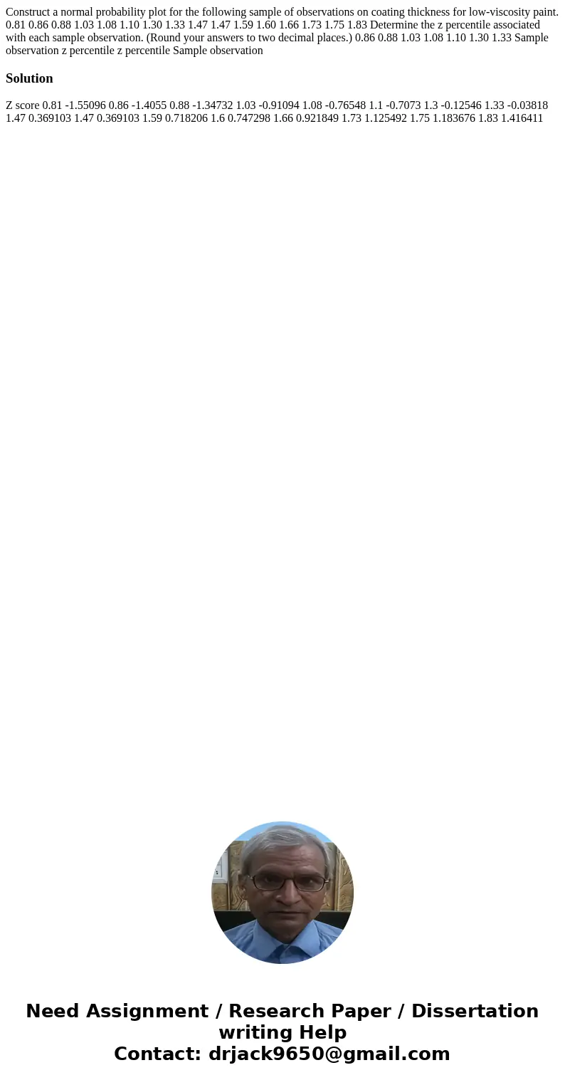 Construct a normal probability plot for the following sample of observations on coating thickness for low-viscosity paint. 0.81 0.86 0.88 1.03 1.08 1.10 1.30 1  Construct a normal probability plot for the following sample of observations on coating thickness for low-viscosity paint. 0.81 0.86 0.88 1.03 1.08 1.10 1.30 1