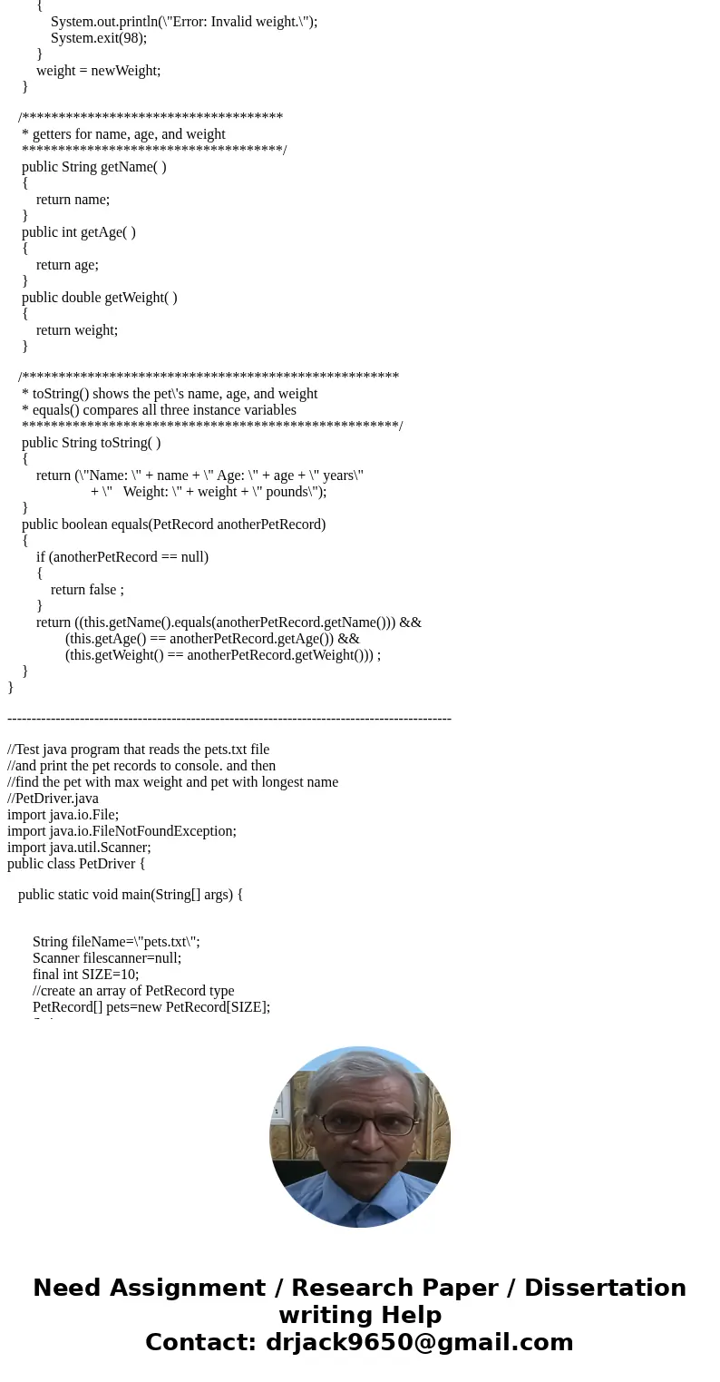 Create a text file named “pets.txt” with 10 pets. The format is the same format used in the original homework problem. Each line in the file should contain: · p