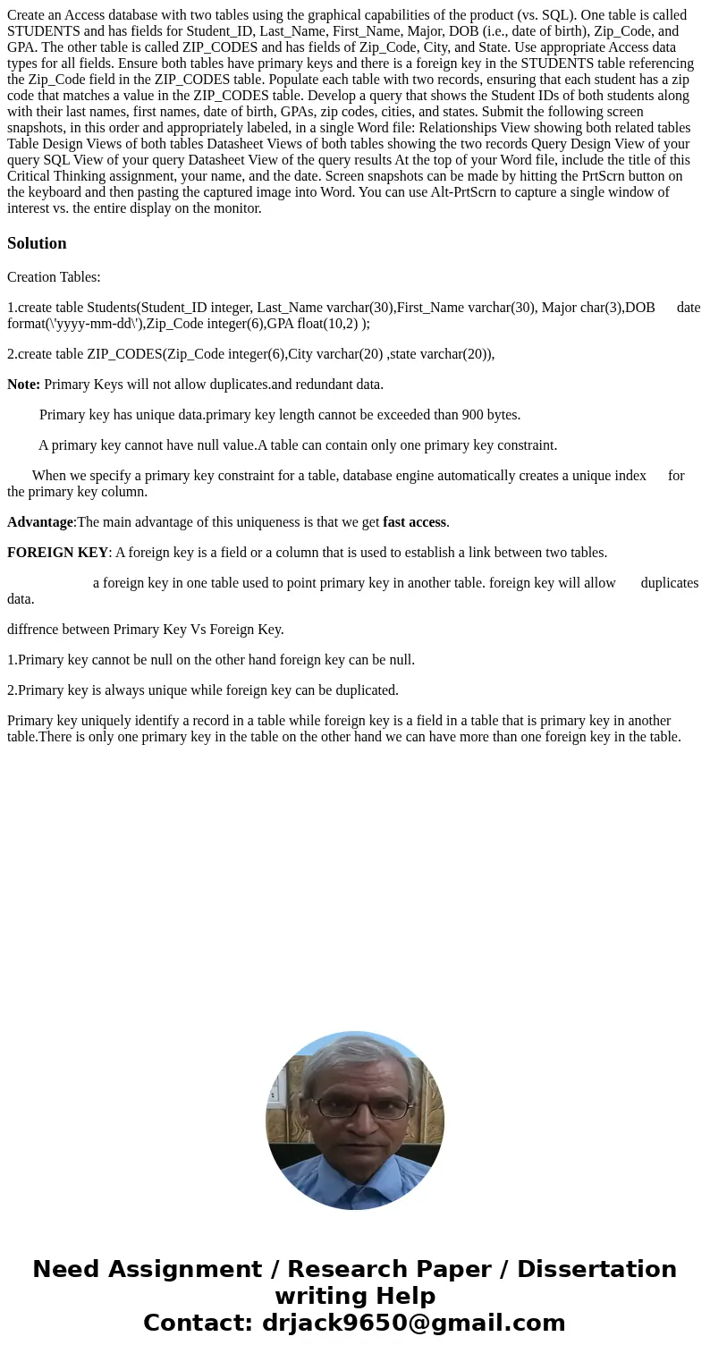 Create an Access database with two tables using the graphical capabilities of the product (vs. SQL). One table is called STUDENTS and has fields for Student_ID, Create an Access database with two tables using the graphical capabilities of the product (vs. SQL). One table is called STUDENTS and has fields for Student_ID,