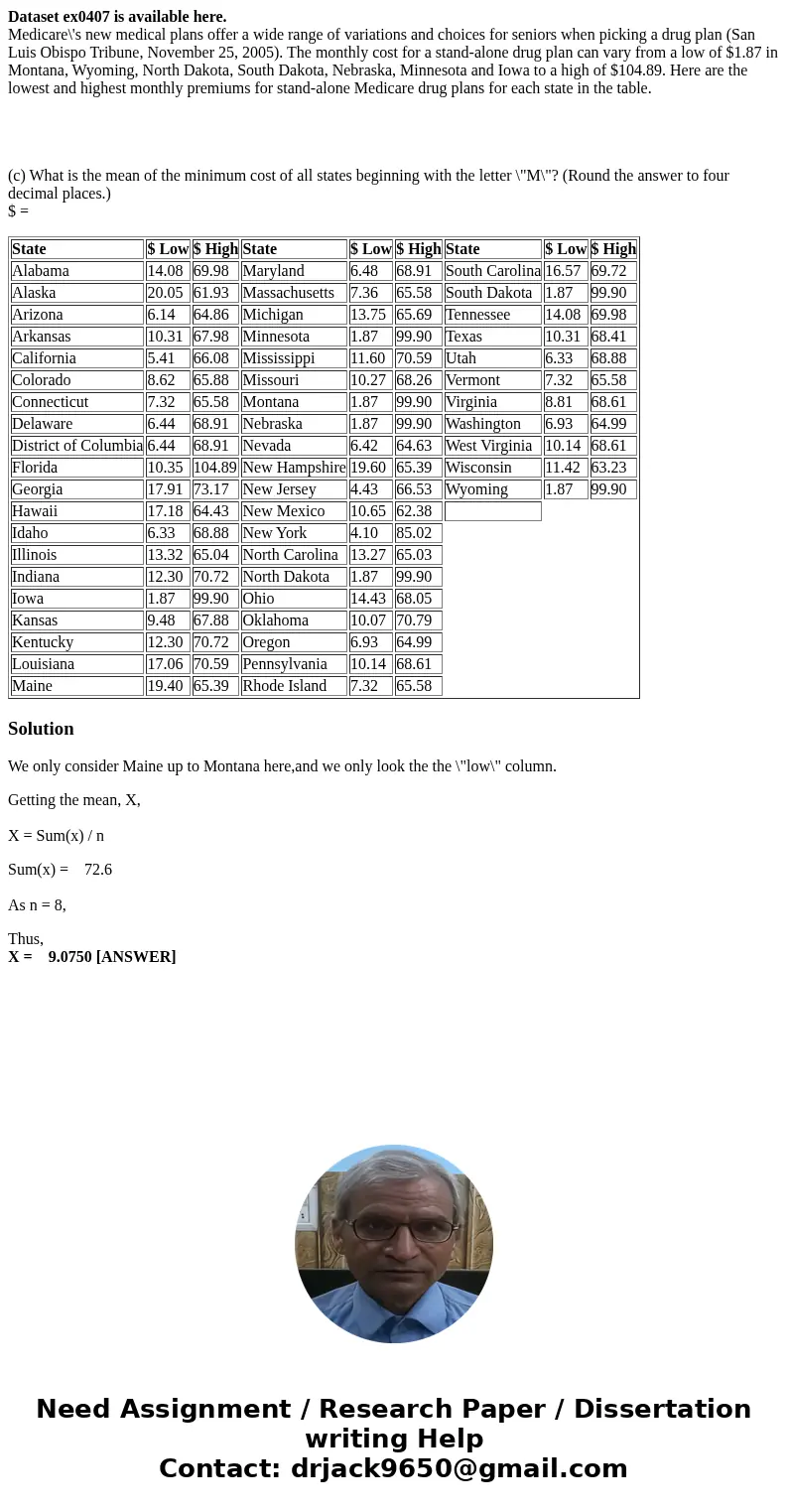 Dataset ex0407 is available here. Medicare\'s new medical plans offer a wide range of variations and choices for seniors when picking a drug plan (San Luis Obis