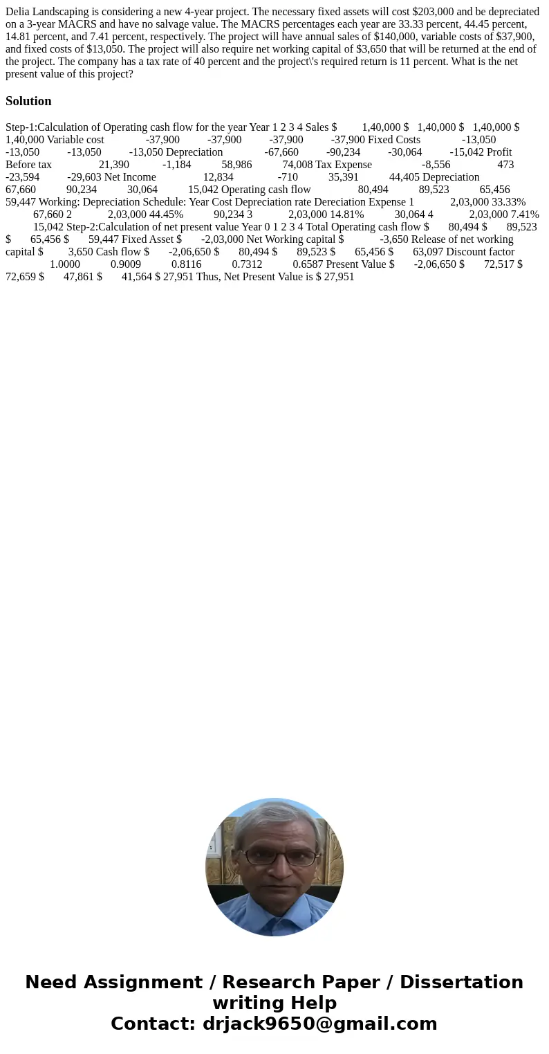 Delia Landscaping is considering a new 4-year project. The necessary fixed assets will cost $203,000 and be depreciated on a 3-year MACRS and have no salvage va