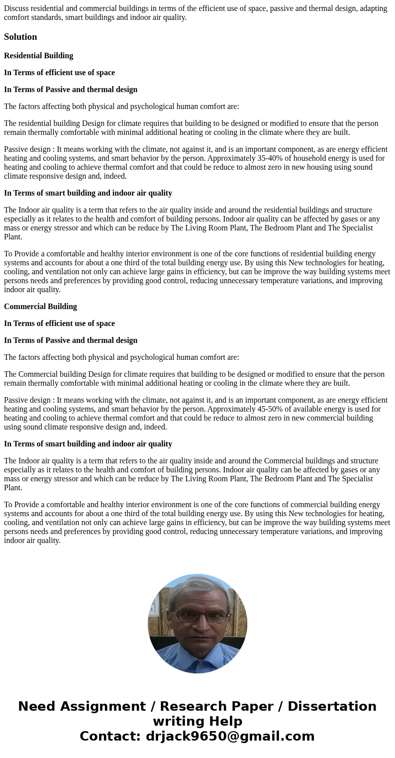 Discuss residential and commercial buildings in terms of the efficient use of space, passive and thermal design, adapting comfort standards, smart buildings an  Discuss residential and commercial buildings in terms of the efficient use of space, passive and thermal design, adapting comfort standards, smart buildings an