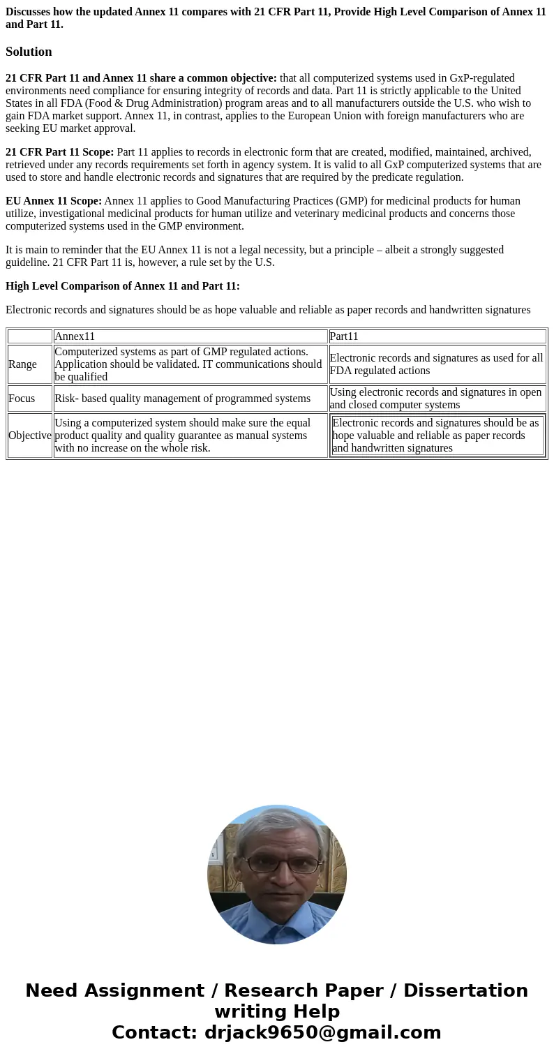 Discusses how the updated Annex 11 compares with 21 CFR Part 11, Provide High Level Comparison of Annex 11 and Part 11. Solution21 CFR Part 11 and Annex 11 sha  Discusses how the updated Annex 11 compares with 21 CFR Part 11, Provide High Level Comparison of Annex 11 and Part 11. Solution21 CFR Part 11 and Annex 11 sha